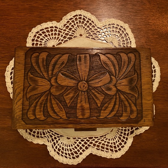 Other - Vintage Solid Wood Carved Bow Candy Jewelry Box Dovetail Mirror Red Felt Lined